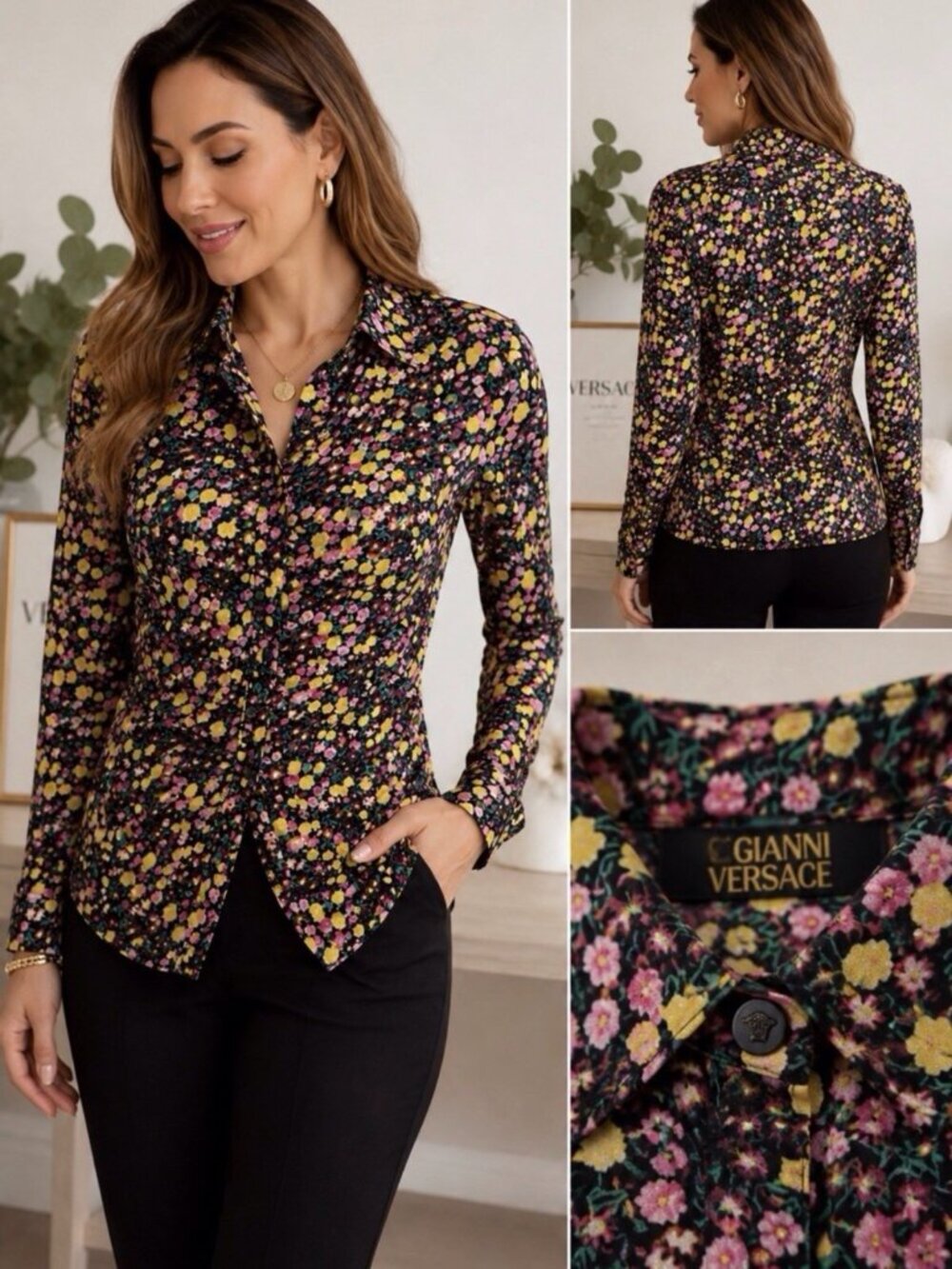 Gianni Versace Floral Button Down Blouse Black Pink Yellow Woman’s Sz 39 Italy